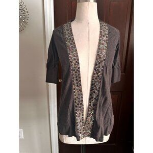 Express brown open draped short sleeve cardigan with front sequin trim XS